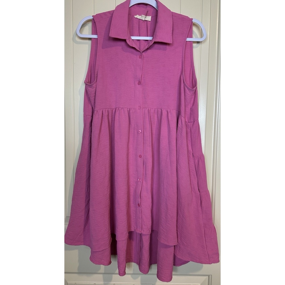 Entro pink button up sleeveless collared tunic dress pleated pockets sz S NWOT